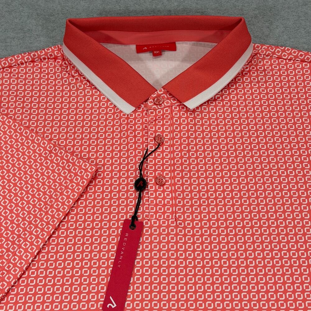 Redvanly Devine Golf Polo Shirt Mens XXL Coral Pink White Geometric Stretch NWT